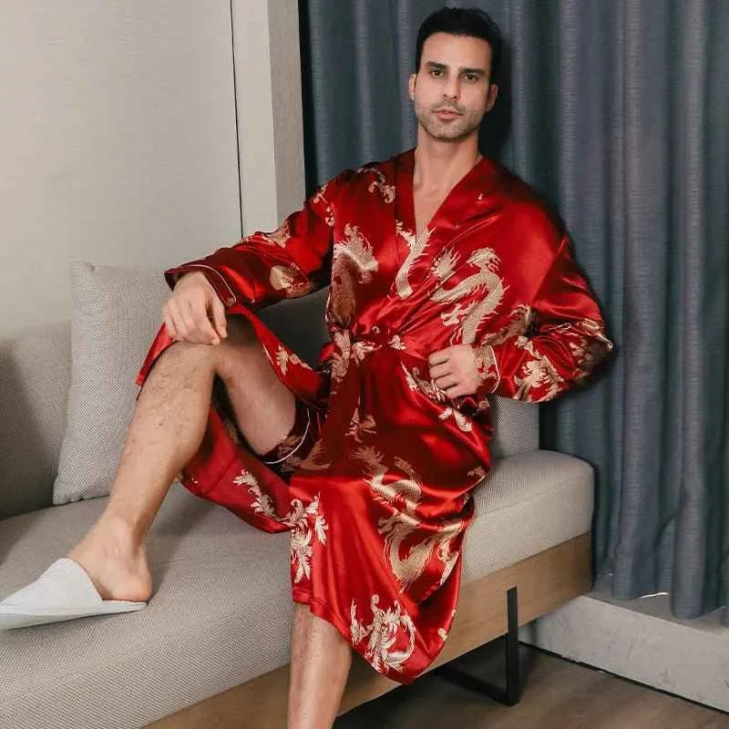 Men's Spring Autumn Silk Thin Style Oversized Long Sleeved Bathrobes