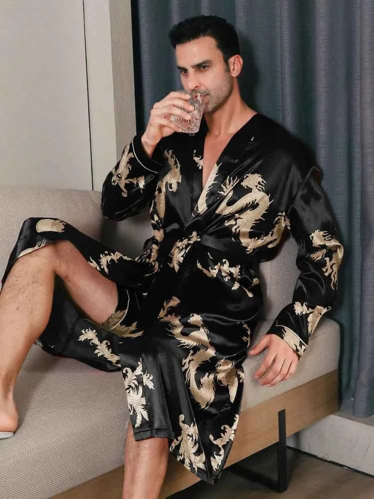 Men's Spring Autumn Silk Thin Style Oversized Long Sleeved Bathrobes