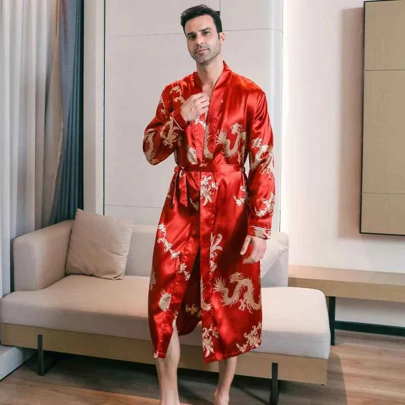 Men's Spring Autumn Silk Thin Style Oversized Long Sleeved Bathrobes