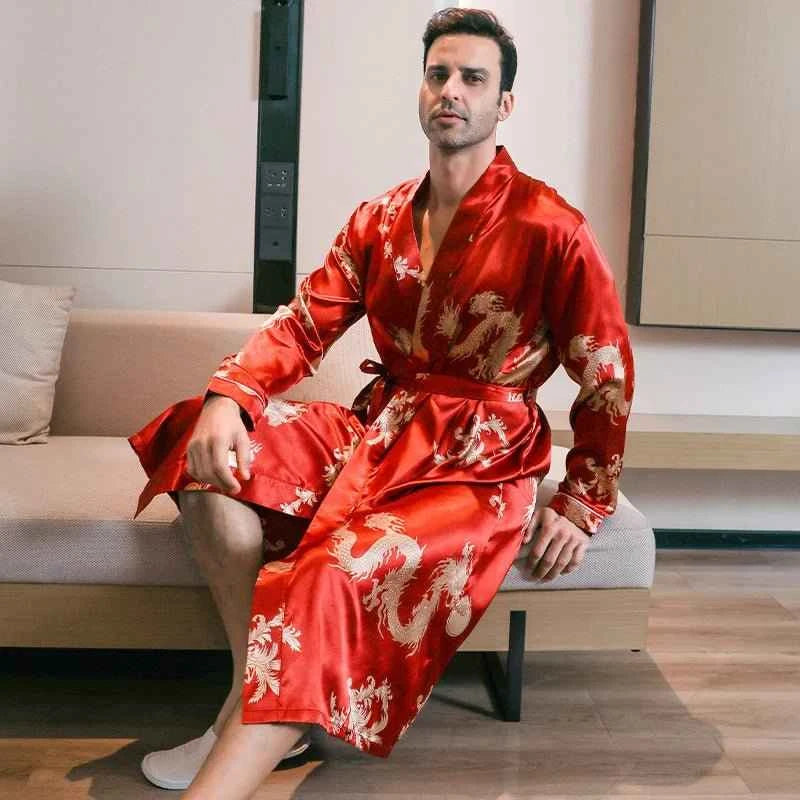 Men's Spring Autumn Silk Thin Style Oversized Long Sleeved Bathrobes