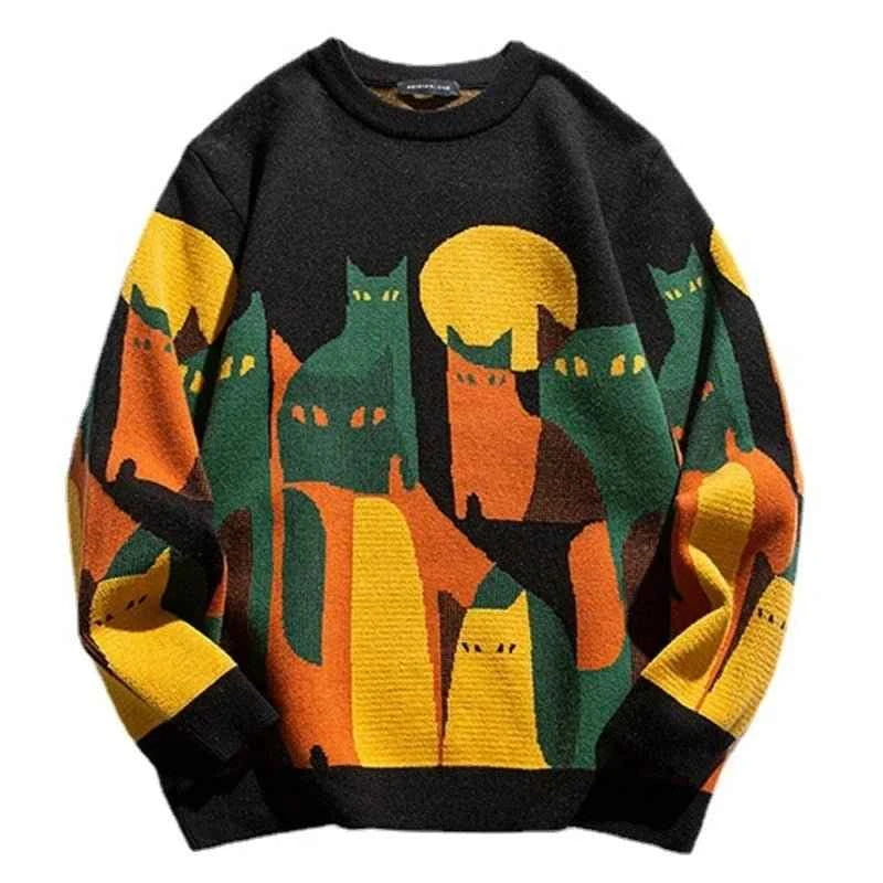 Knitted Sweater Men Women Winter Harajuku Cartoon Full Cat Print Pullover Vintage Causal Loose Sweaters