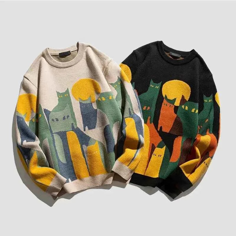Knitted Sweater Men Women Winter Harajuku Cartoon Full Cat Print Pullover Vintage Causal Loose Sweaters