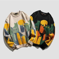 Knitted Sweater Men Women Winter Harajuku Cartoon Full Cat Print Pullover Vintage Causal Loose Sweaters