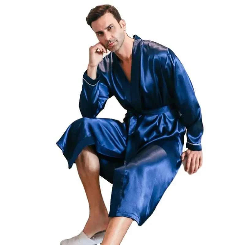 Men's spring and autumn silk thin style long sleeved bathrobes
