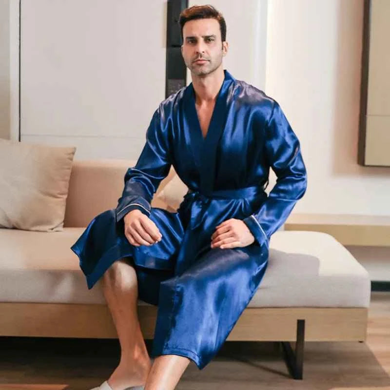 Men's spring and autumn silk thin style long sleeved bathrobes
