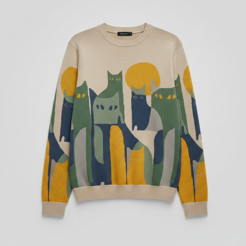 Knitted Sweater Men Women Winter Harajuku Cartoon Full Cat Print Pullover Vintage Causal Loose Sweaters