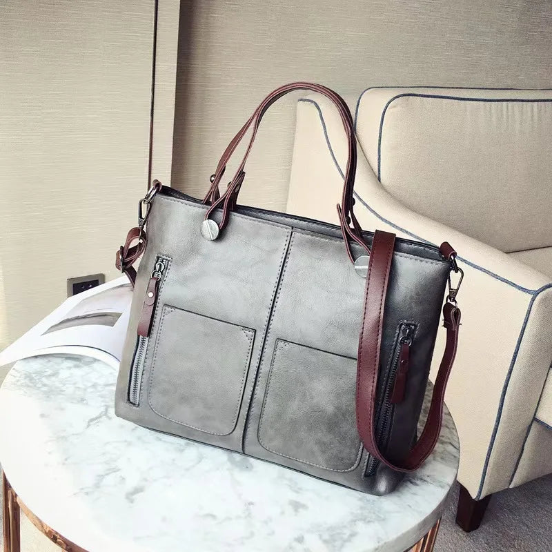 Women's Retro PU Leather Handbag Large Capacity Crossbody Tote Fashionable Shoulder Purse