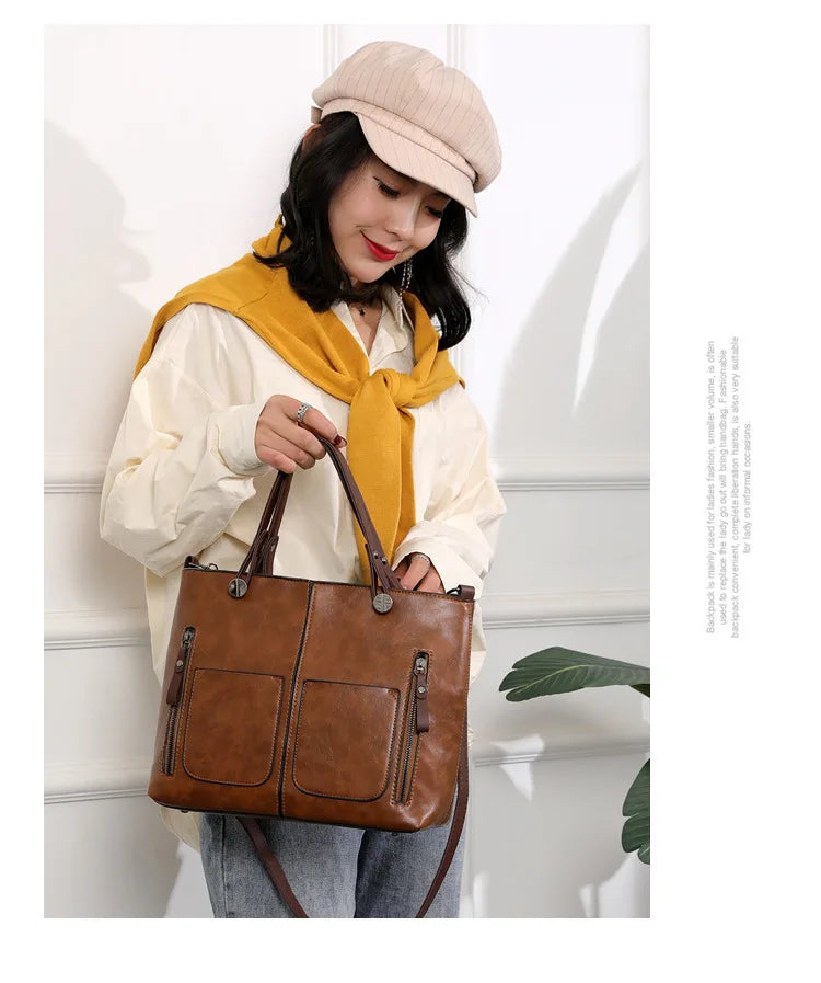 Women's Retro PU Leather Handbag Large Capacity Crossbody Tote Fashionable Shoulder Purse