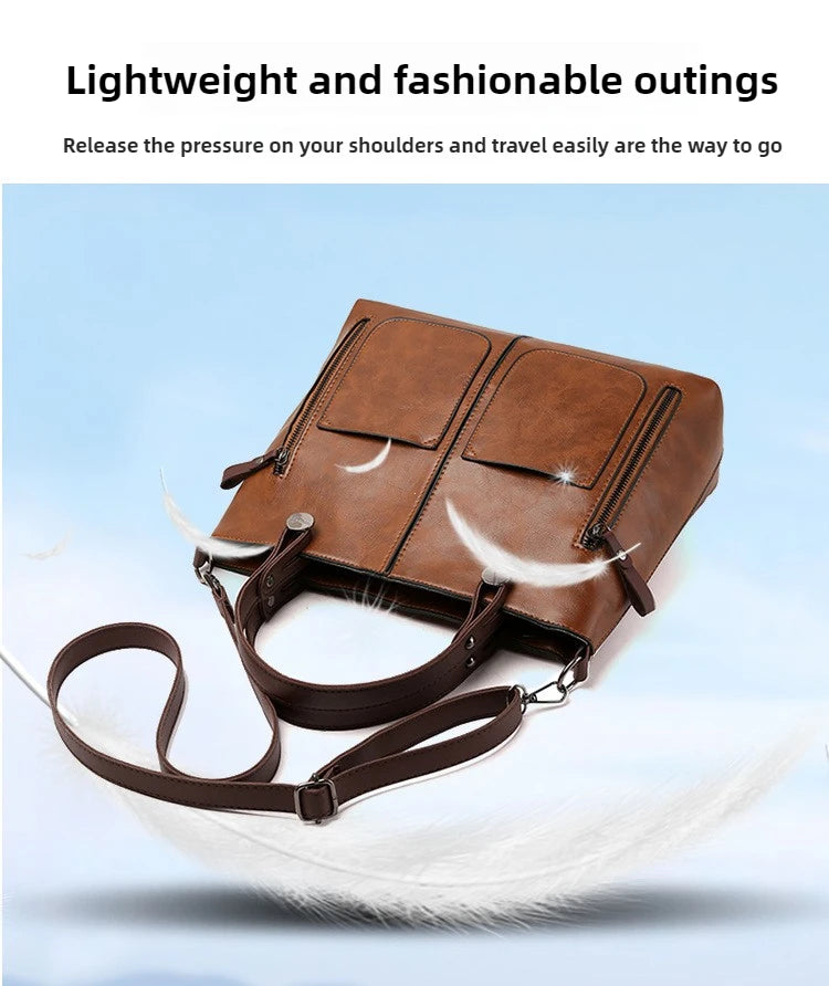 Women's Retro PU Leather Handbag Large Capacity Crossbody Tote Fashionable Shoulder Purse