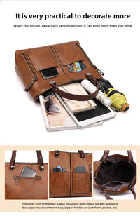 Women's Retro PU Leather Handbag Large Capacity Crossbody Tote Fashionable Shoulder Purse