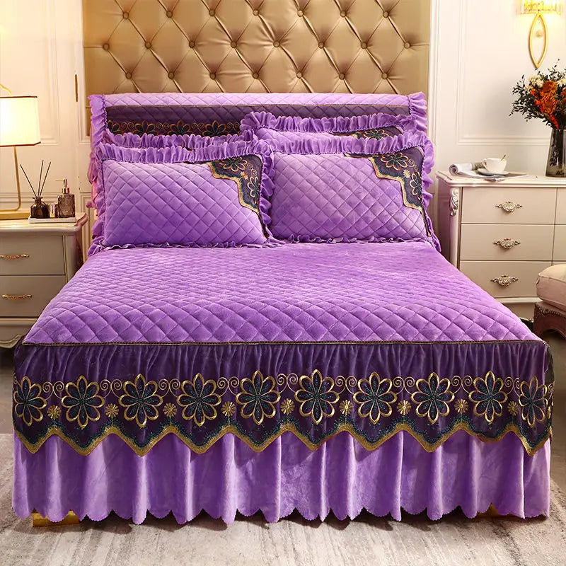 European Luxury Quilted Bed Skirt - Thicken Velvet King Size Winter Bedspread