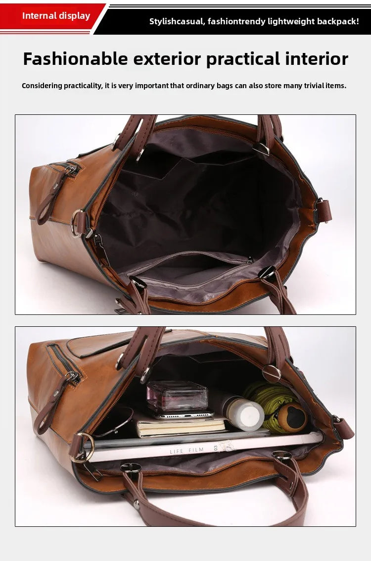 Women's Retro PU Leather Handbag Large Capacity Crossbody Tote Fashionable Shoulder Purse