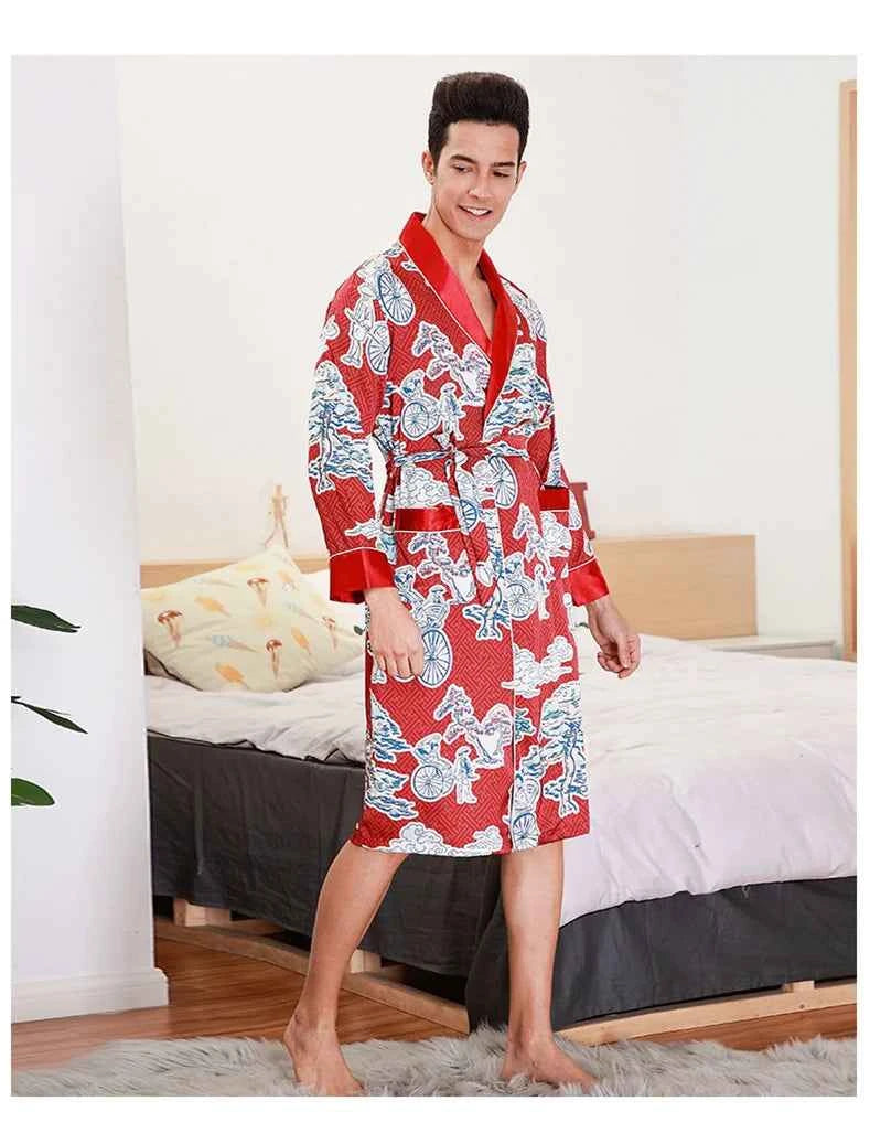 Men Silk Satin Golden Dragon Dressing Gown Knee Length Kimono Robe.
