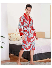 Men Silk Satin Golden Dragon Dressing Gown Knee Length Kimono Robe.