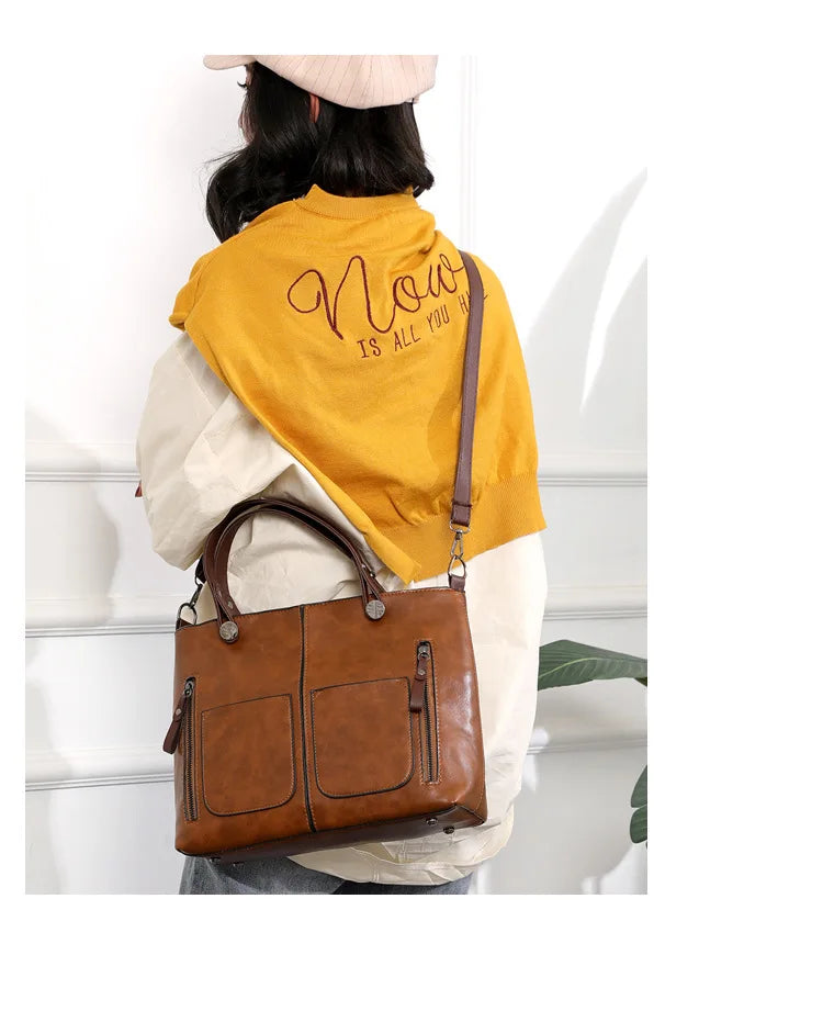 Women's Retro PU Leather Handbag Large Capacity Crossbody Tote Fashionable Shoulder Purse