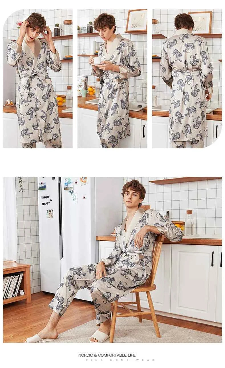 Men Silk Satin Golden Dragon Dressing Gown Knee Length Kimono Robe.