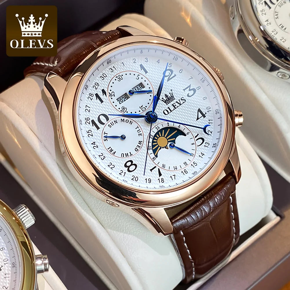 OLEVS Luxury Men Mechanical Watch - Original Digital Moon Phase Waterproof Chronograph Sports Watch