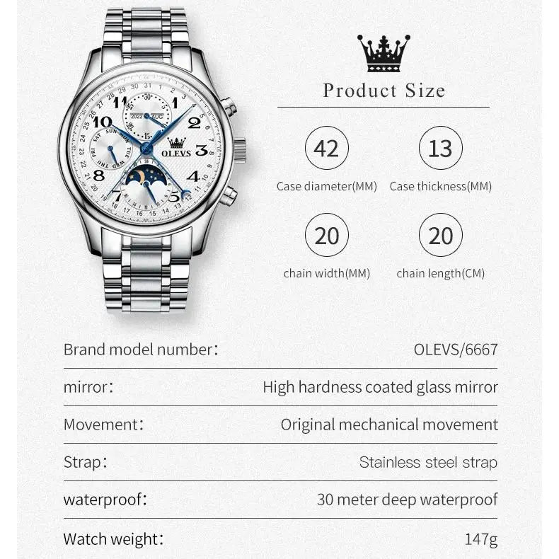 OLEVS Luxury Men Mechanical Watch - Original Digital Moon Phase Waterproof Chronograph Sports Watch