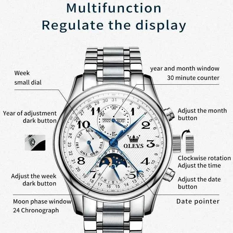 OLEVS 6667 Luxury Brand Men Mechanical Watch Original Digital Moon Phase Waterproof Chronograph Top Sports Men Automatic Watch