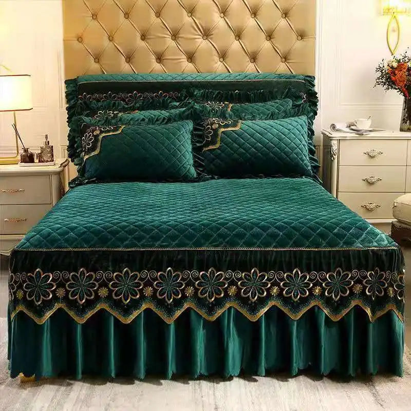 European Luxury Quilted Bed Skirt - Thicken Velvet King Size Winter Bedspread