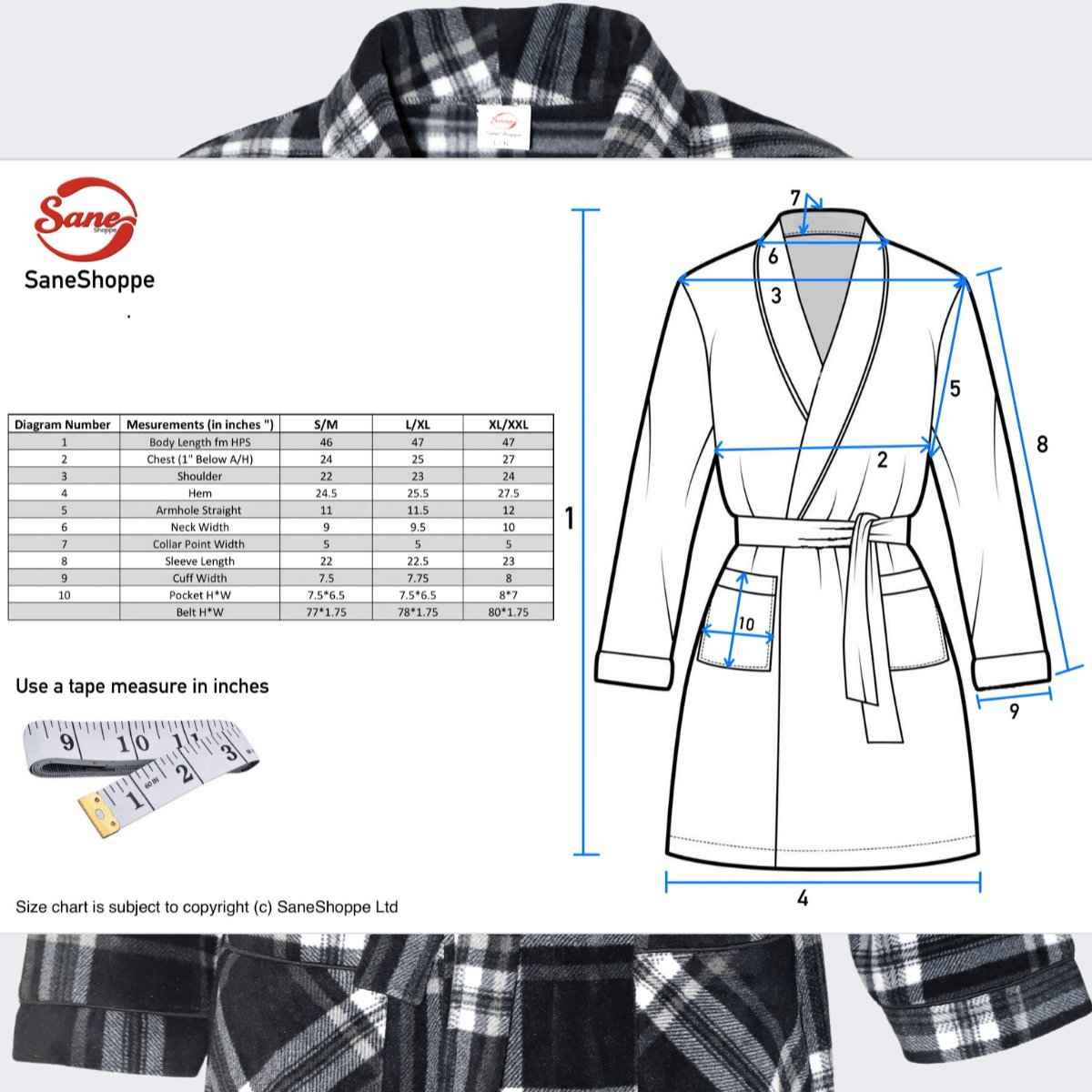 Men's Fleece Dressing Gown - Soft Warm Checkered Pattern