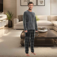 Fluffy Men's Fleece Pajama Set, Thermal Pyjamas in Grey Check.