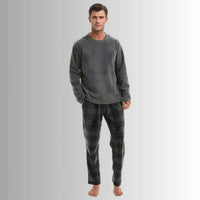 Fluffy Men's Fleece Pajama Set, Thermal Pyjamas in Grey Check.