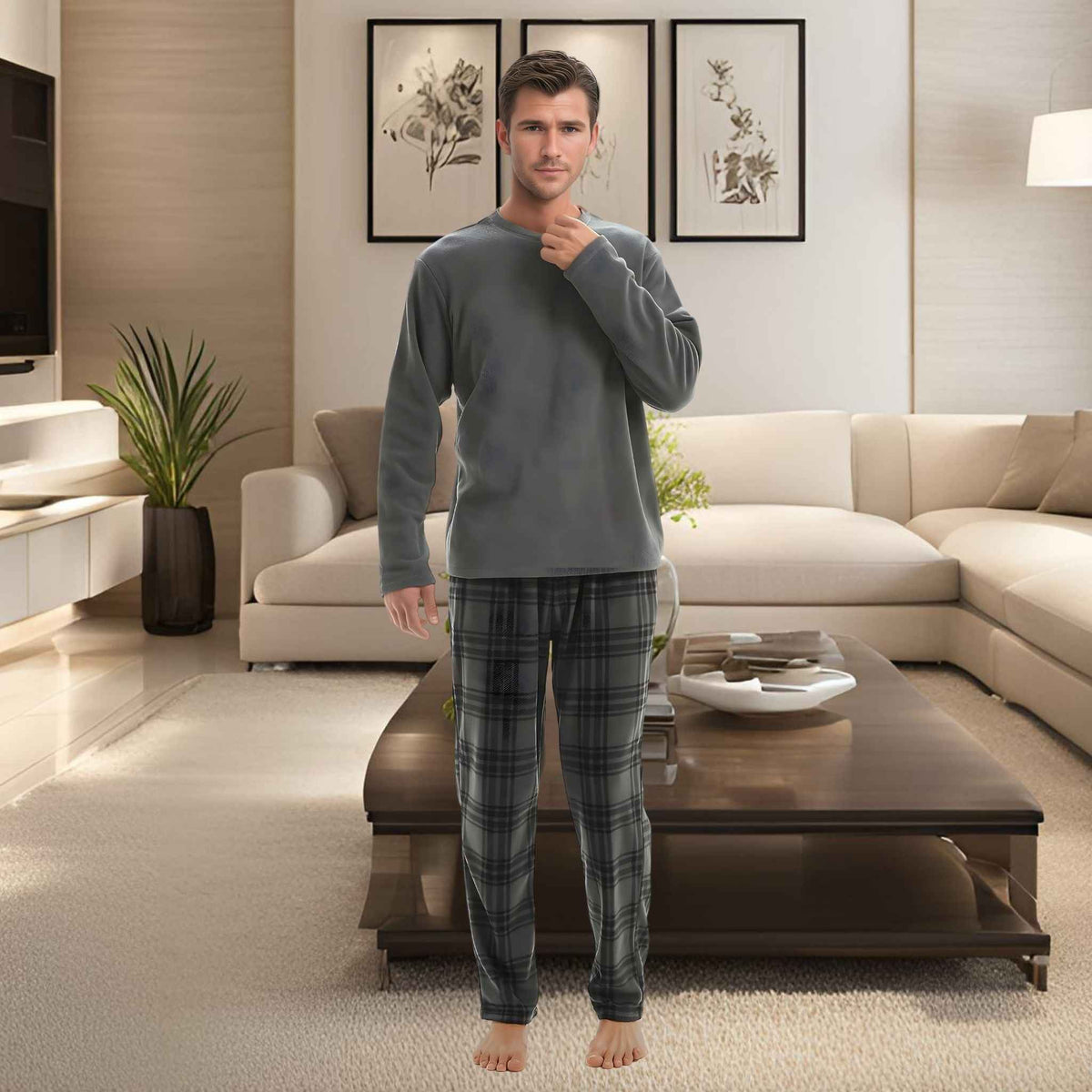 Fluffy Men's Fleece Pajama Set, Thermal Pyjamas in Grey Check.