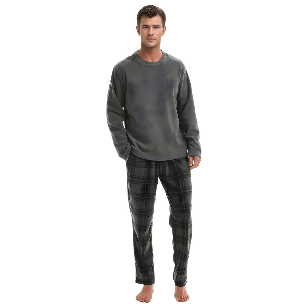 Fluffy Men's Fleece Pajama Set, Thermal Pyjamas in Grey Check.