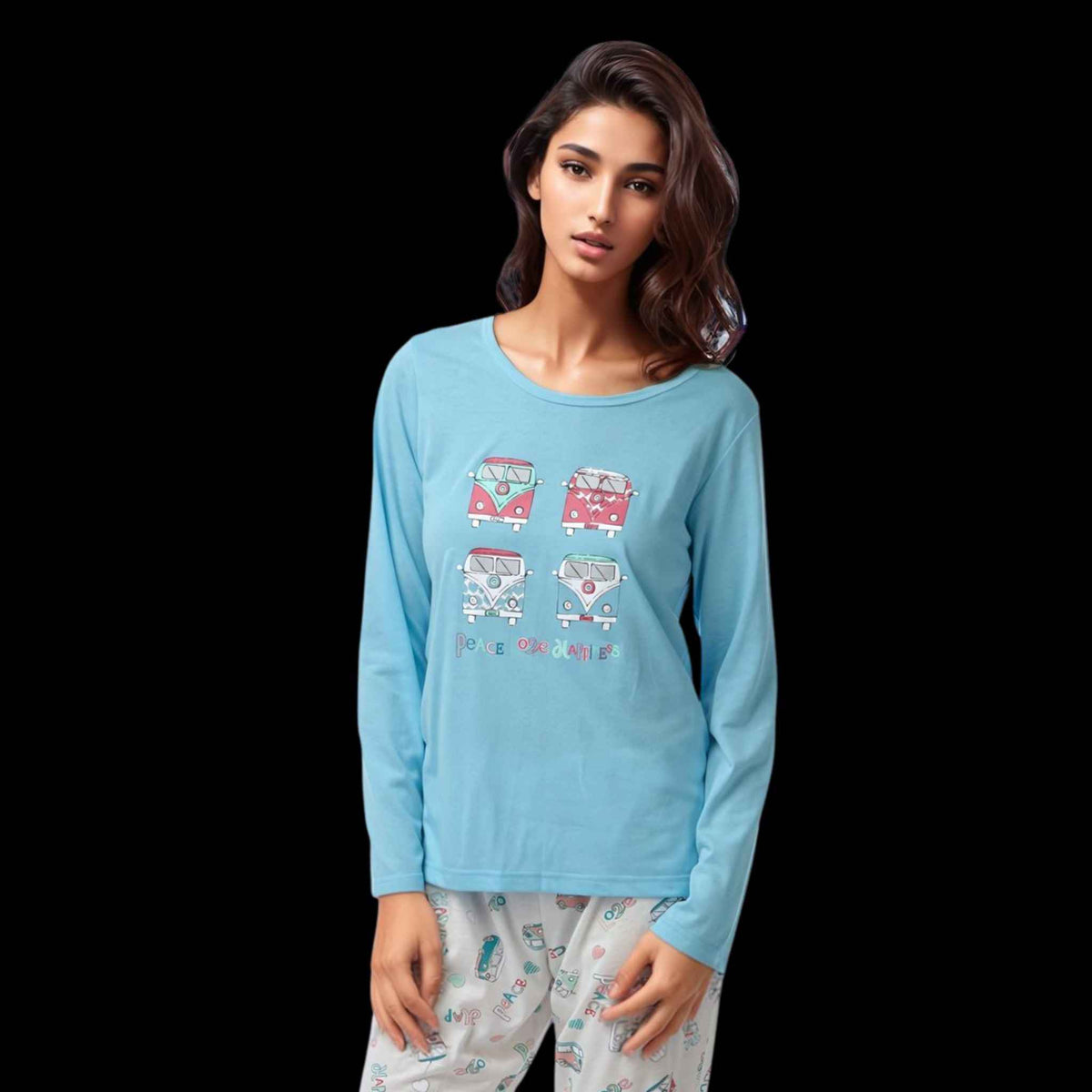 Women's Pyjamas Long Sleeved Loungewear Nightwear in blue and coral - SaneShoppe