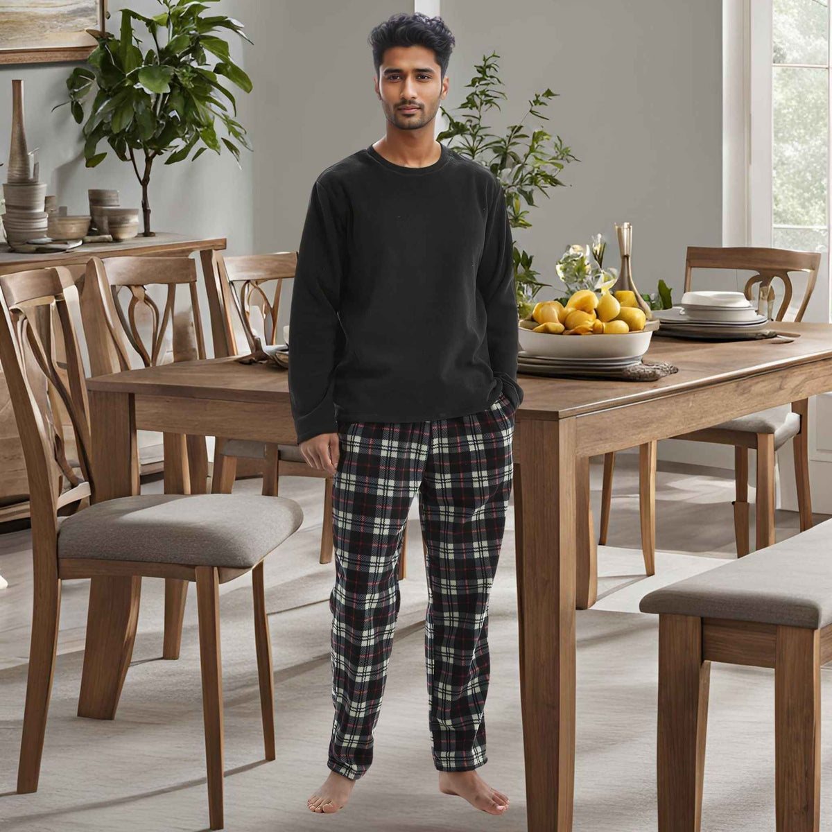 Men's Long Sleeve Thermal Fleece Pyjama Set in Black and Red.