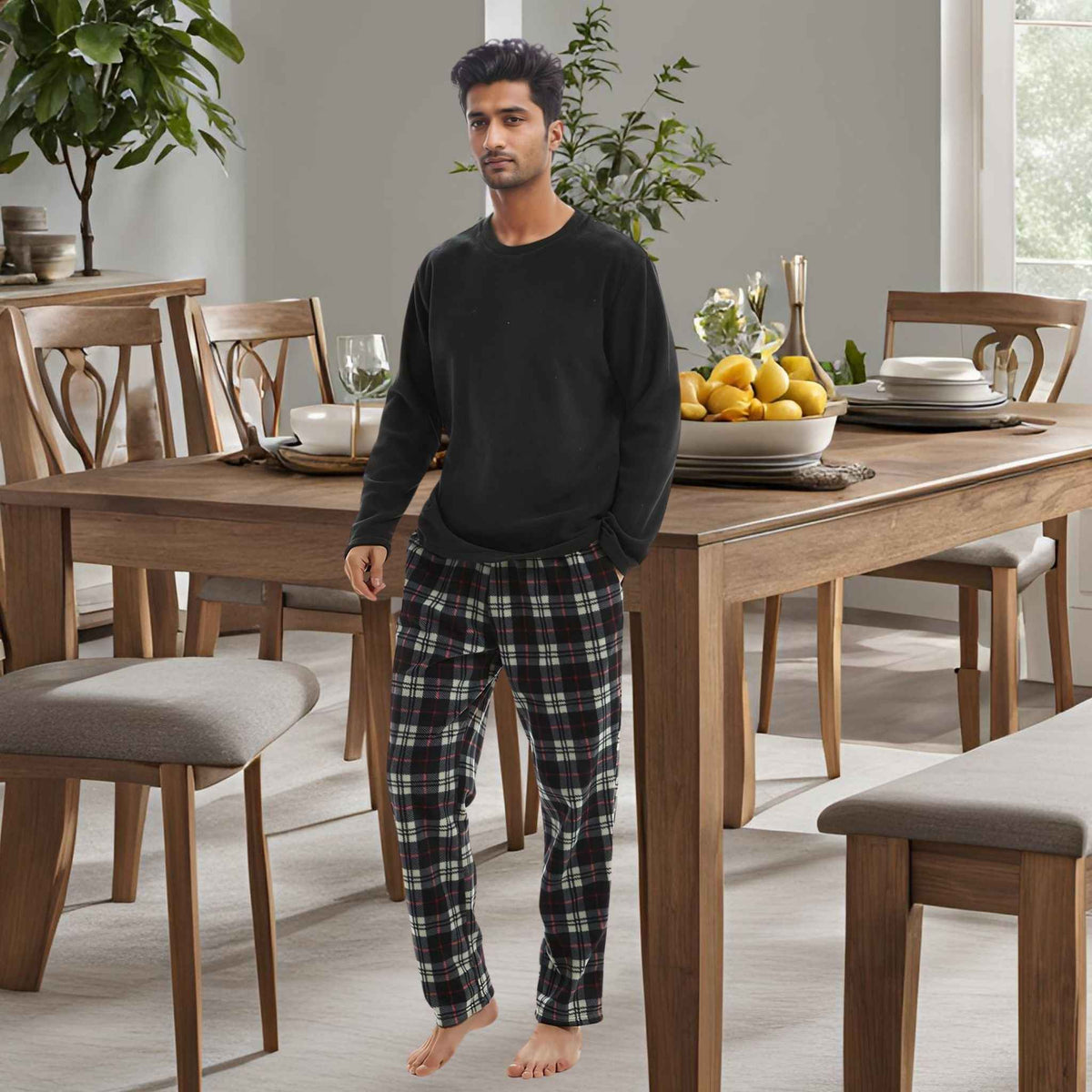Men's Long Sleeve Thermal Fleece Pyjama Set in Black and Red.