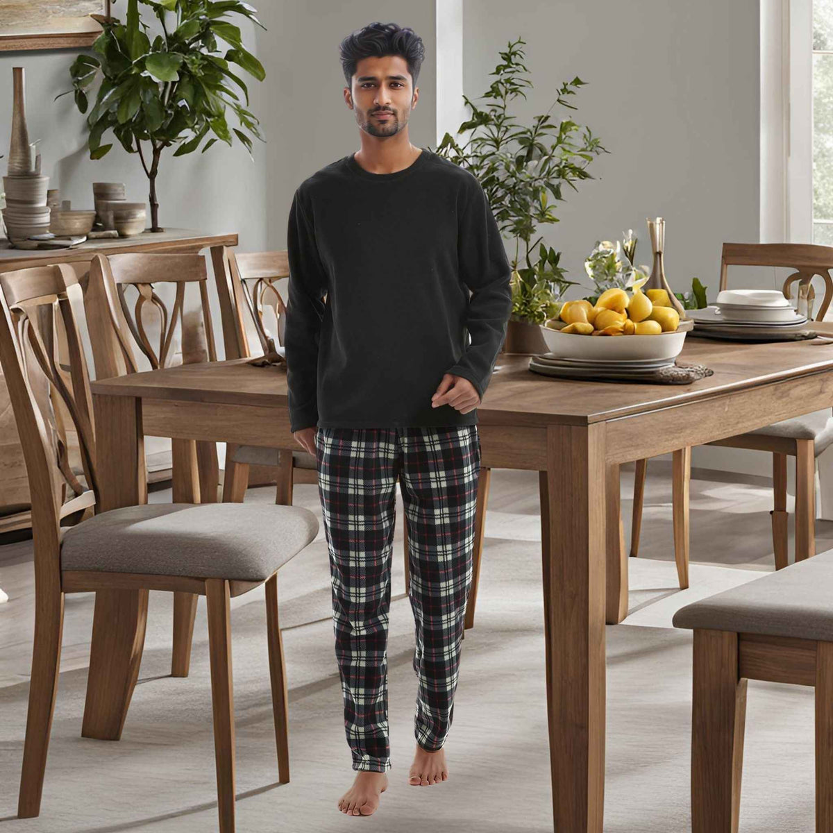 Men's Long Sleeve Thermal Fleece Pyjama Set in Black and Red.
