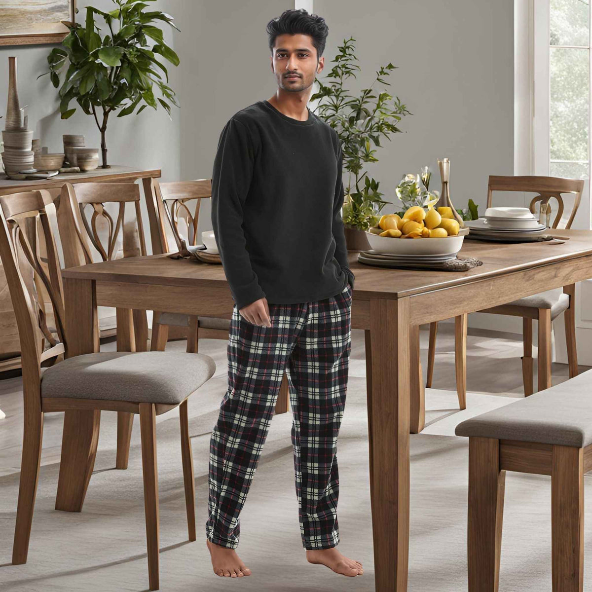 Men's Long Sleeve Thermal Fleece Pyjama Set in Black and Red.