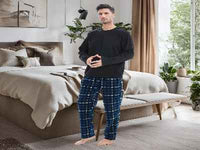 Luxury Design Mens Navy Check Fleece PJs - Warm Winter Pyjama Set