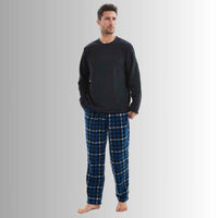 Luxury Design Mens Navy Check Fleece PJs - Warm Winter Pyjama Set