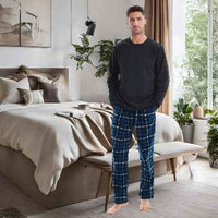 Luxury Design Mens Navy Check Fleece PJs - Warm Winter Pyjama Set