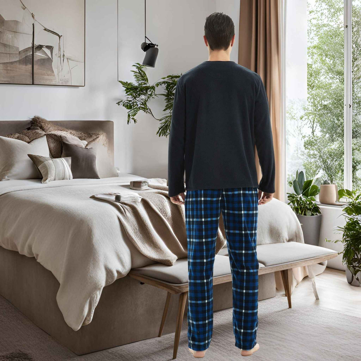Luxury Design Mens Navy Check Fleece PJs - Warm Winter Pyjama Set