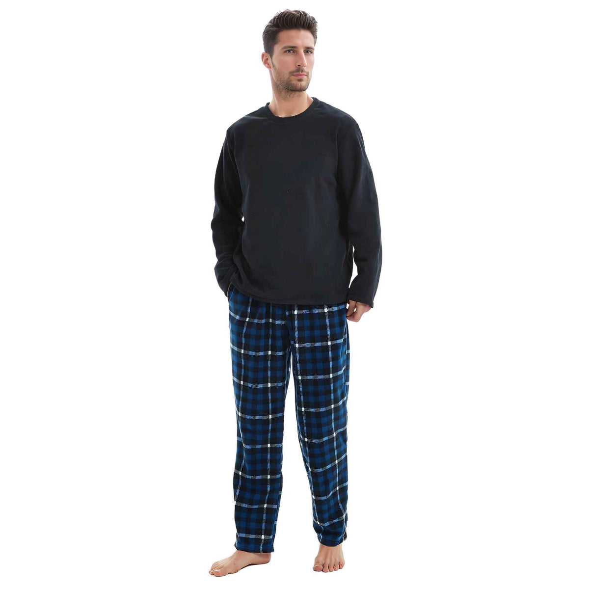 Luxury Design Mens Navy Check Fleece PJs - Warm Winter Pyjama Set