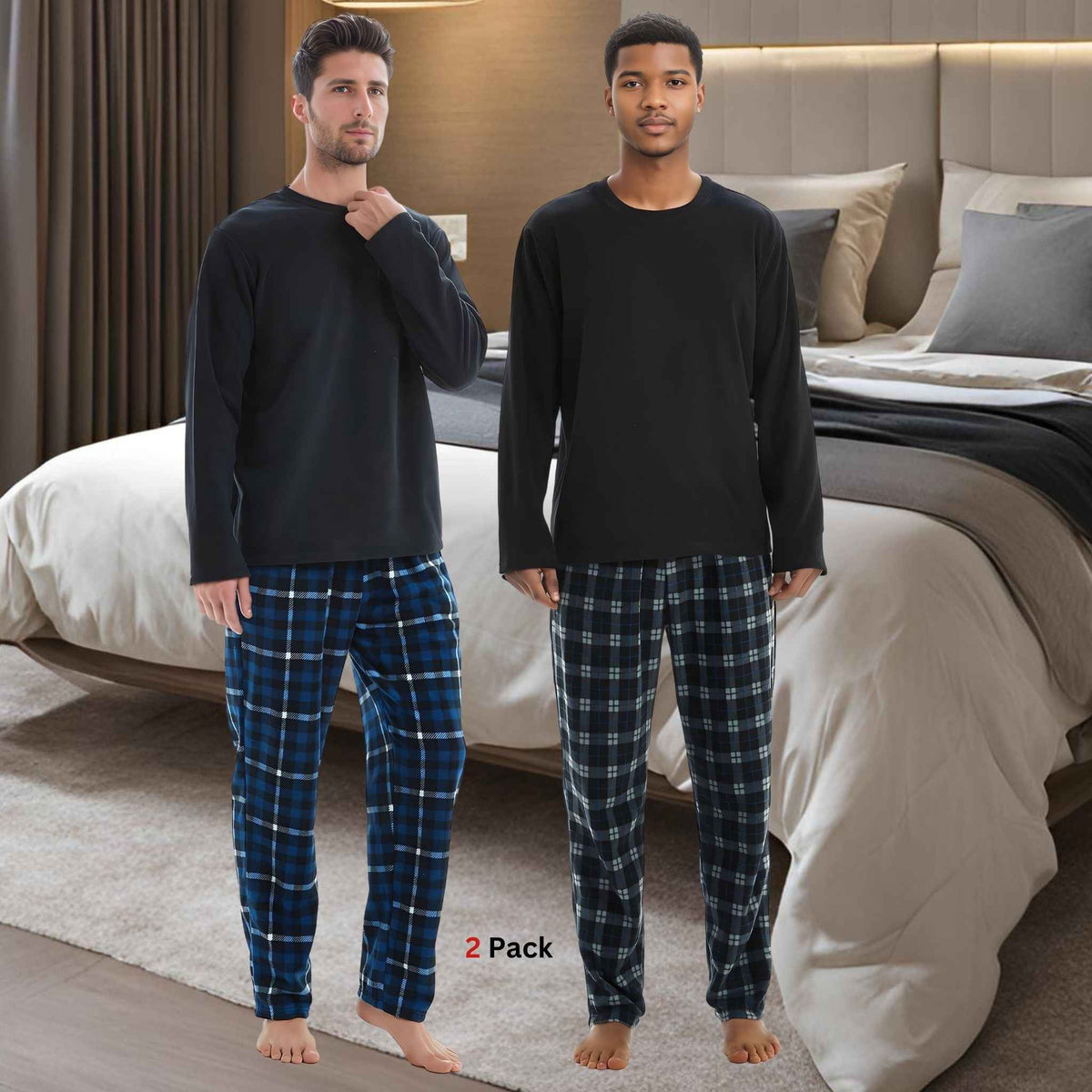 Luxury Design Mens Navy Check Fleece PJs - Warm Winter Pyjama Set