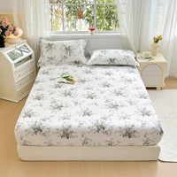 SaneShoppe - 100% Cotton Fitted Sheet Floral Style Bedsheet Elastic Bed Linen Skin - friendly Bed Cover drap de lit Home Sheets (No Pillowcase)