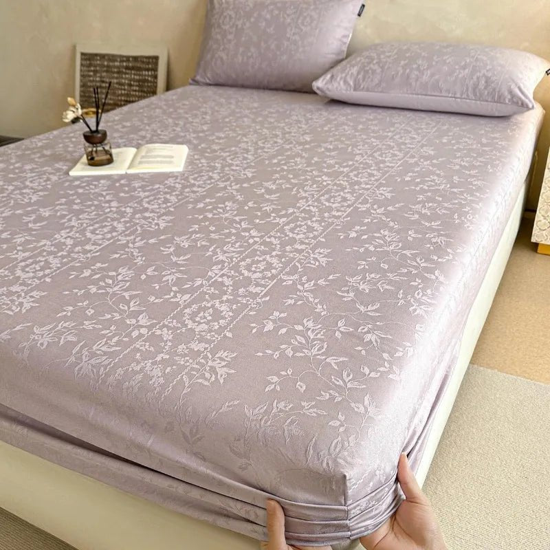 SaneShoppe-Soft 100% Cotton Jacquard Fitted Sheet Set with Elastic All Around Mattress Protector