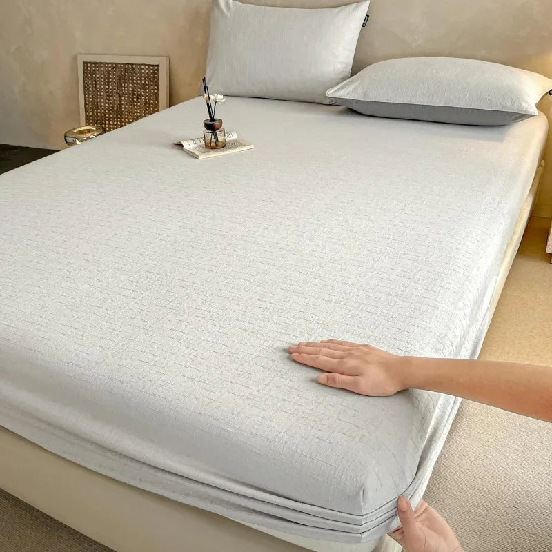 SaneShoppe-Soft 100% Cotton Jacquard Fitted Sheet Set with Elastic All Around Mattress Protector