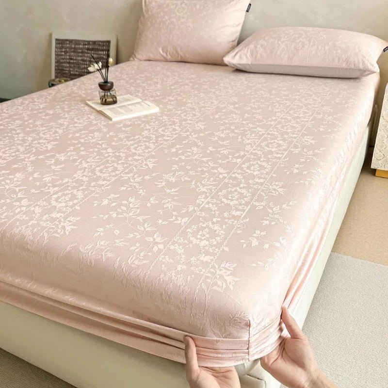 SaneShoppe-Soft 100% Cotton Jacquard Fitted Sheet Set with Elastic All Around Mattress Protector