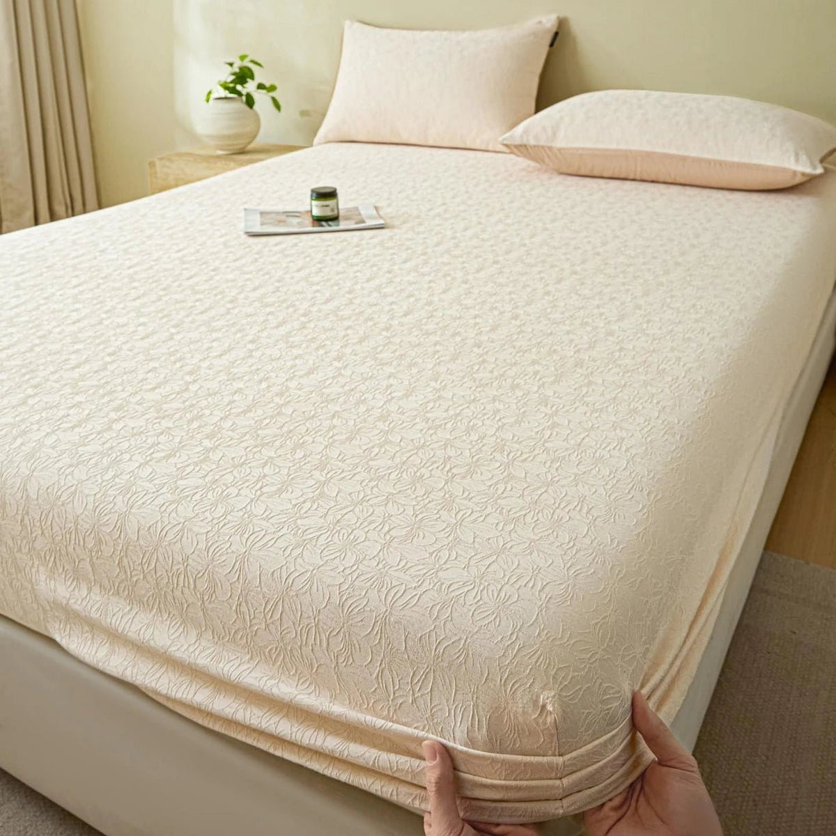 SaneShoppe-Soft 100% Cotton Jacquard Fitted Sheet Set with Elastic All Around Mattress Protector