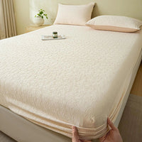 SaneShoppe-Soft 100% Cotton Jacquard Fitted Sheet Set with Elastic All Around Mattress Protector