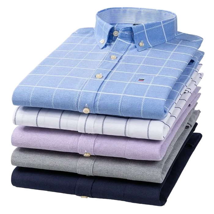 SaneShoppe - 100% Cotton Oxford Men's Shirts Long Sleeves Plaid Soft Regular Fit Formal Dress Shirt Pocket Social Blouse Male Clothes S - 7XL