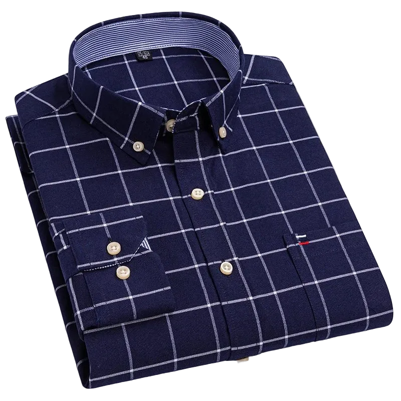 SaneShoppe - 100% Cotton Oxford Men's Shirts Long Sleeves Plaid Soft Regular Fit Formal Dress Shirt Pocket Social Blouse Male Clothes S - 7XL