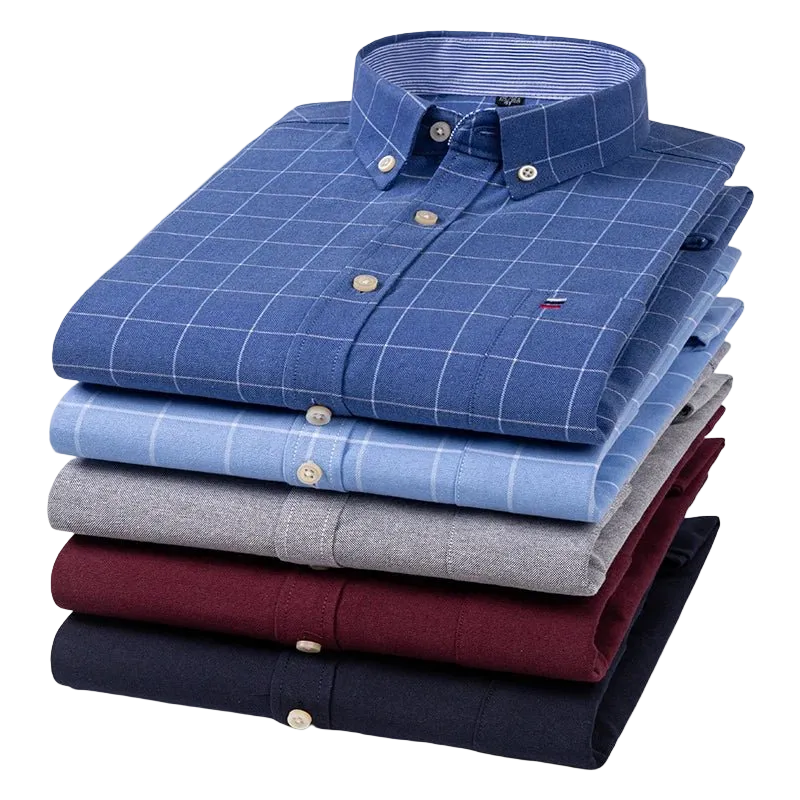 SaneShoppe - 100% Cotton Oxford Men's Shirts Long Sleeves Plaid Soft Regular Fit Formal Dress Shirt Pocket Social Blouse Male Clothes S - 7XL