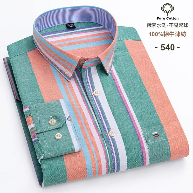 SaneShoppe - 100% Cotton Oxford Men's Shirts Long Sleeves Plaid Soft Regular Fit Formal Dress Shirt Pocket Social Blouse Male Clothes S - 7XL